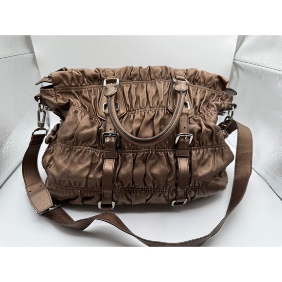 Timmy Woods Metallic Ruched Satchel Shoulder Bag Bronze Gold Convertible Rare - Picture 3 of 10